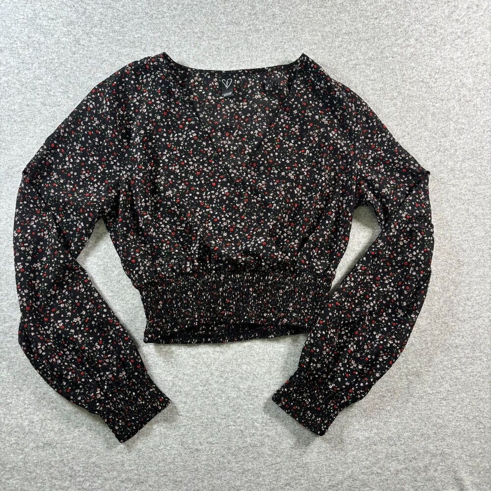 Windsor Womens XS Black Floral Crop Blouse Smocked Waist Long Sleeve Cottagecore